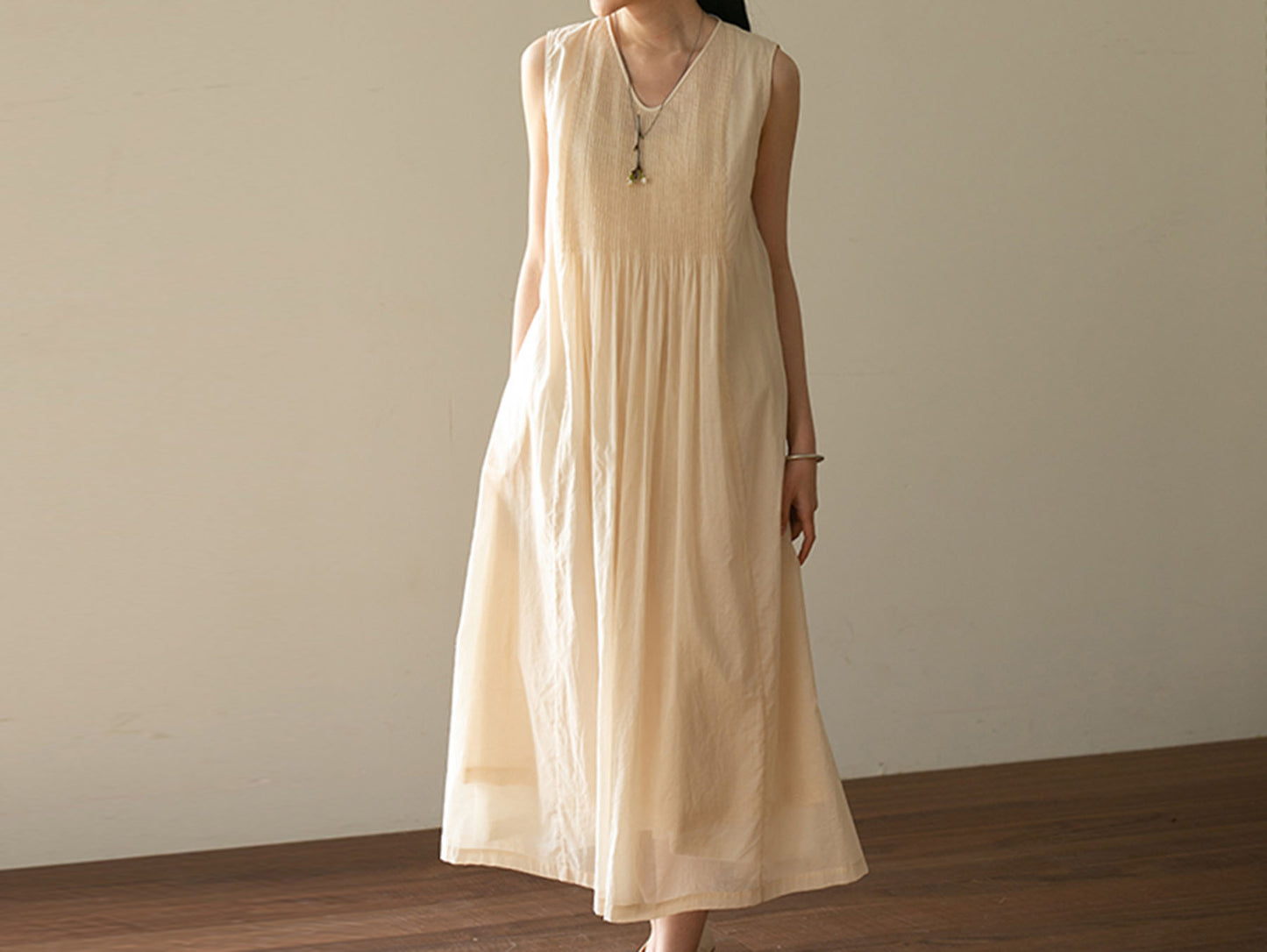 edoa High Count Cotton Pintucked Sleeveless Dress