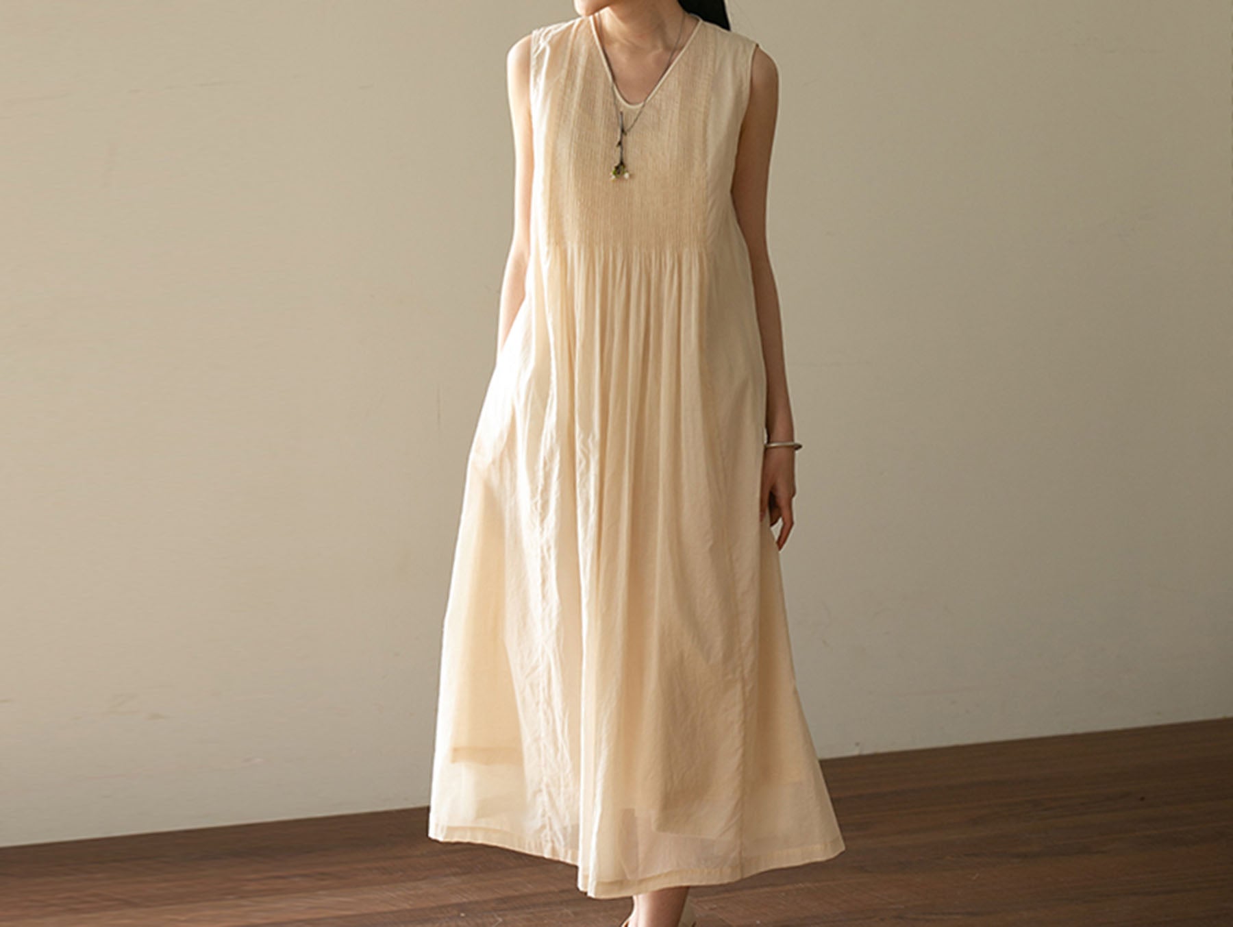 edoa High Count Cotton Pintucked Sleeveless Dress