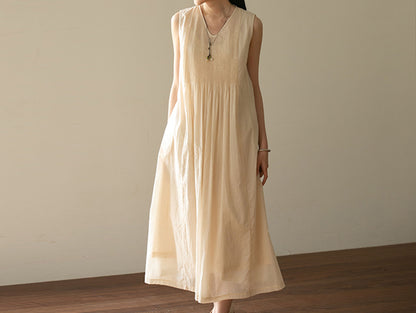 edoa High Count Cotton Pintucked Sleeveless Dress