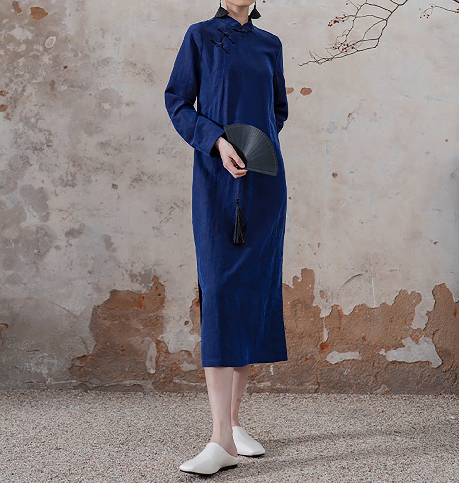 edoa Blue Mud Silk Modern Cheongsaam Dress