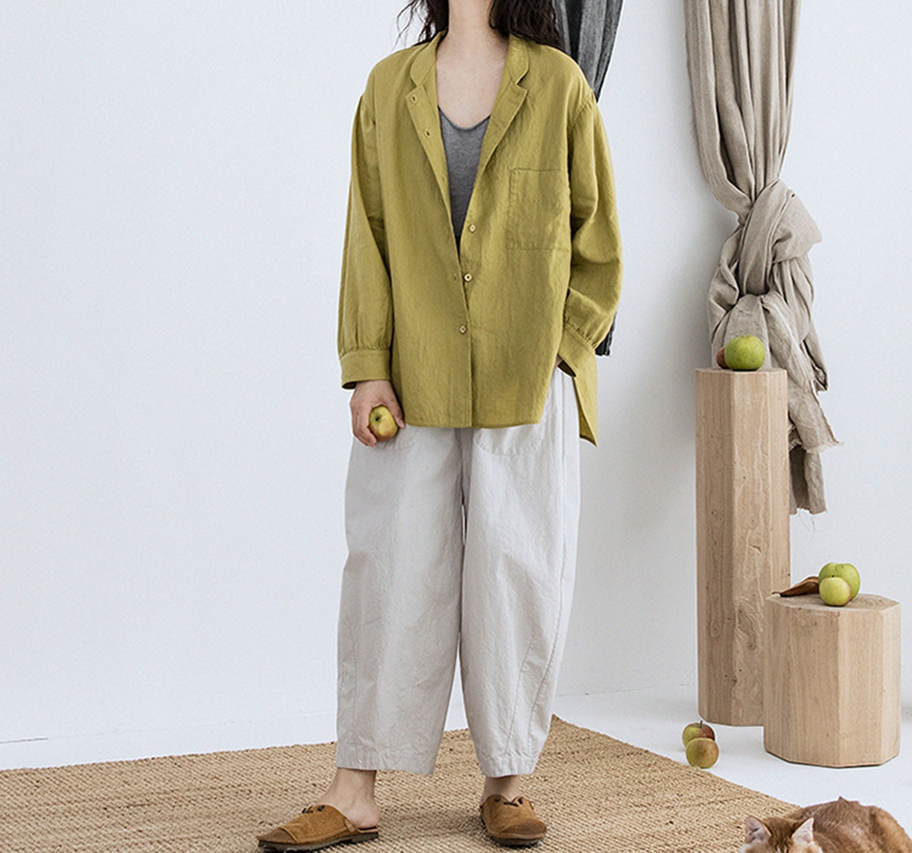 edoa High Count Prewashed Linen Multi-way Collar Shirt 