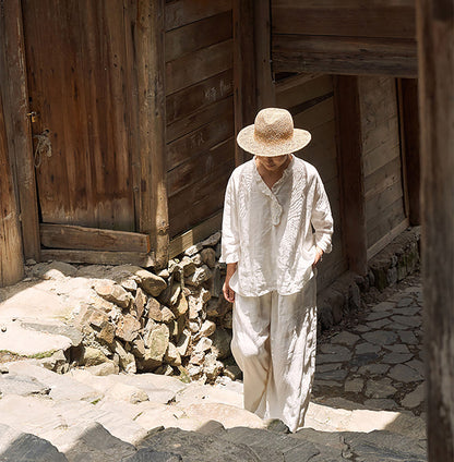 edoa White Linen Ruffled Pullover Shirt
