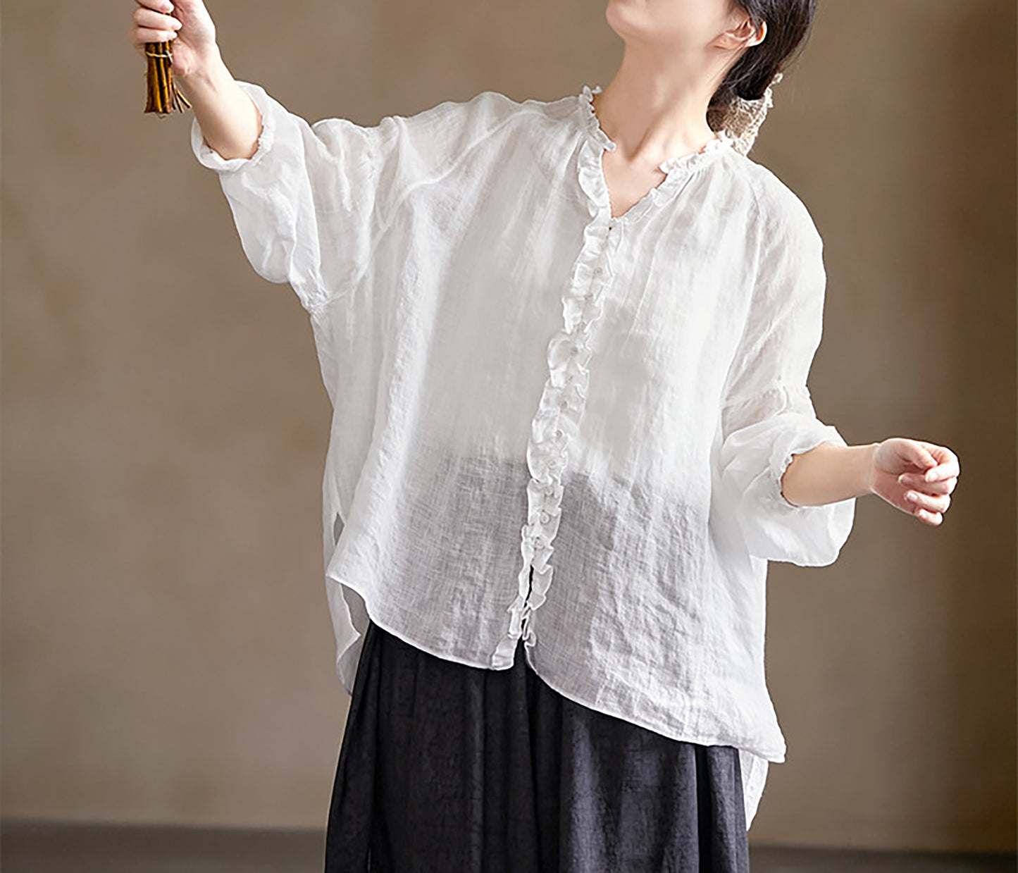 edoa Oversized High Count Hemp Ruffle Blouse