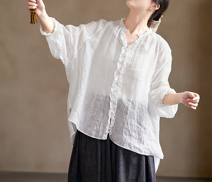 edoa Oversized High Count Hemp Ruffle Blouse