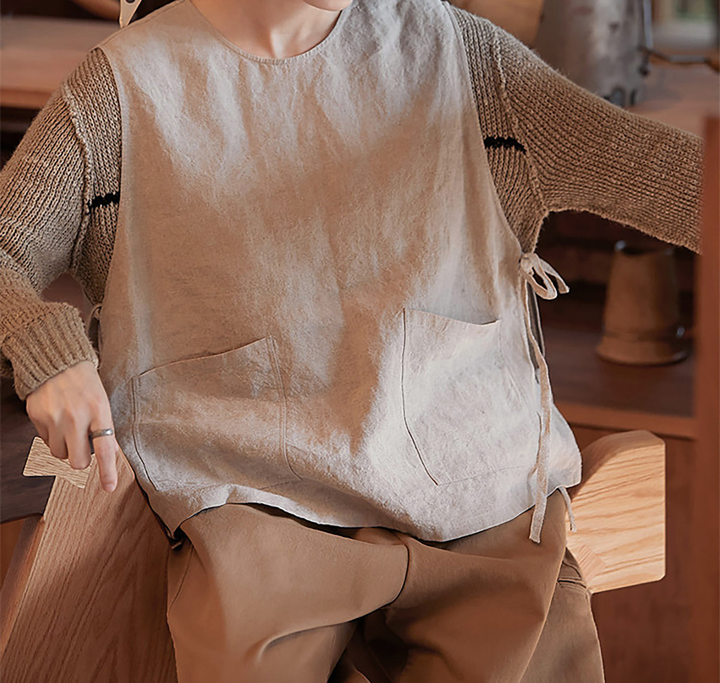 edoa Loose Flax Linen Two-piece Pullover Tie Vest