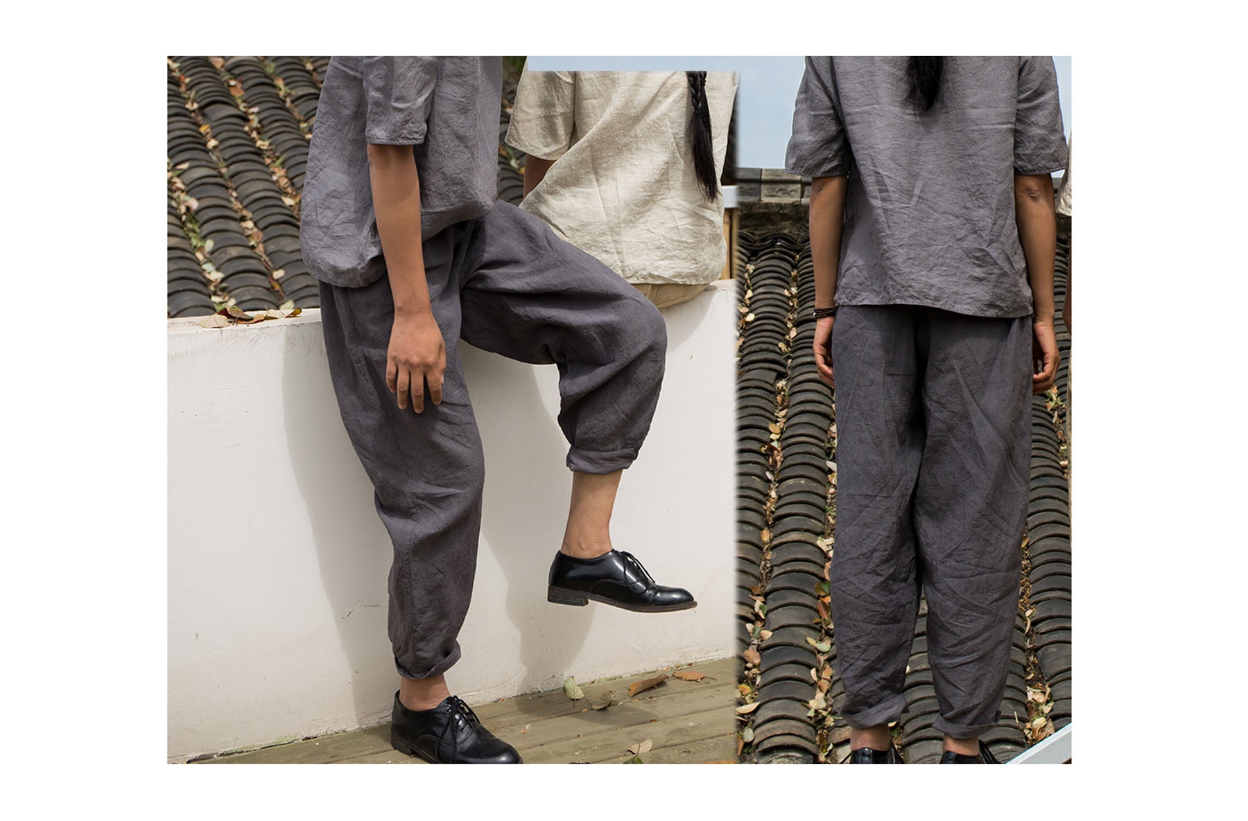 edoa Boyfriend Style French Linen Tapered Pants
