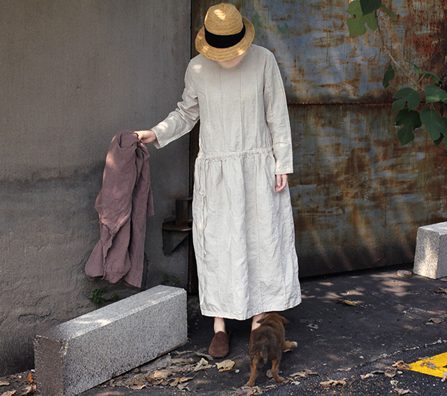 edoa Hand Pintucked Pre-washed French Linen Dress