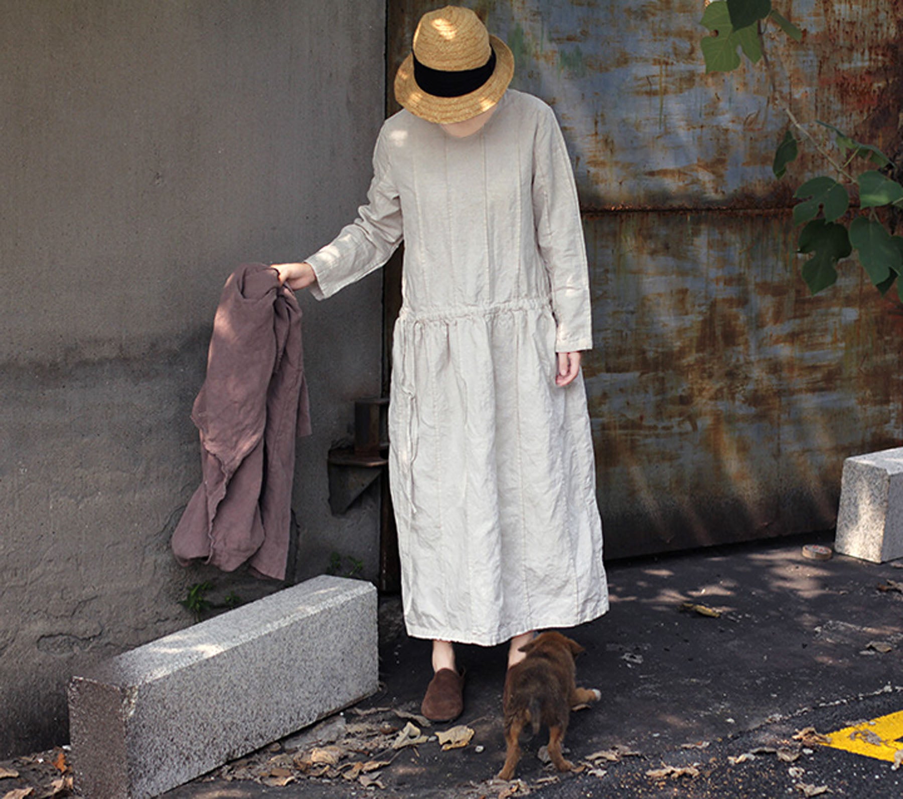 edoa Hand Pintucked Pre-washed French Linen Dress