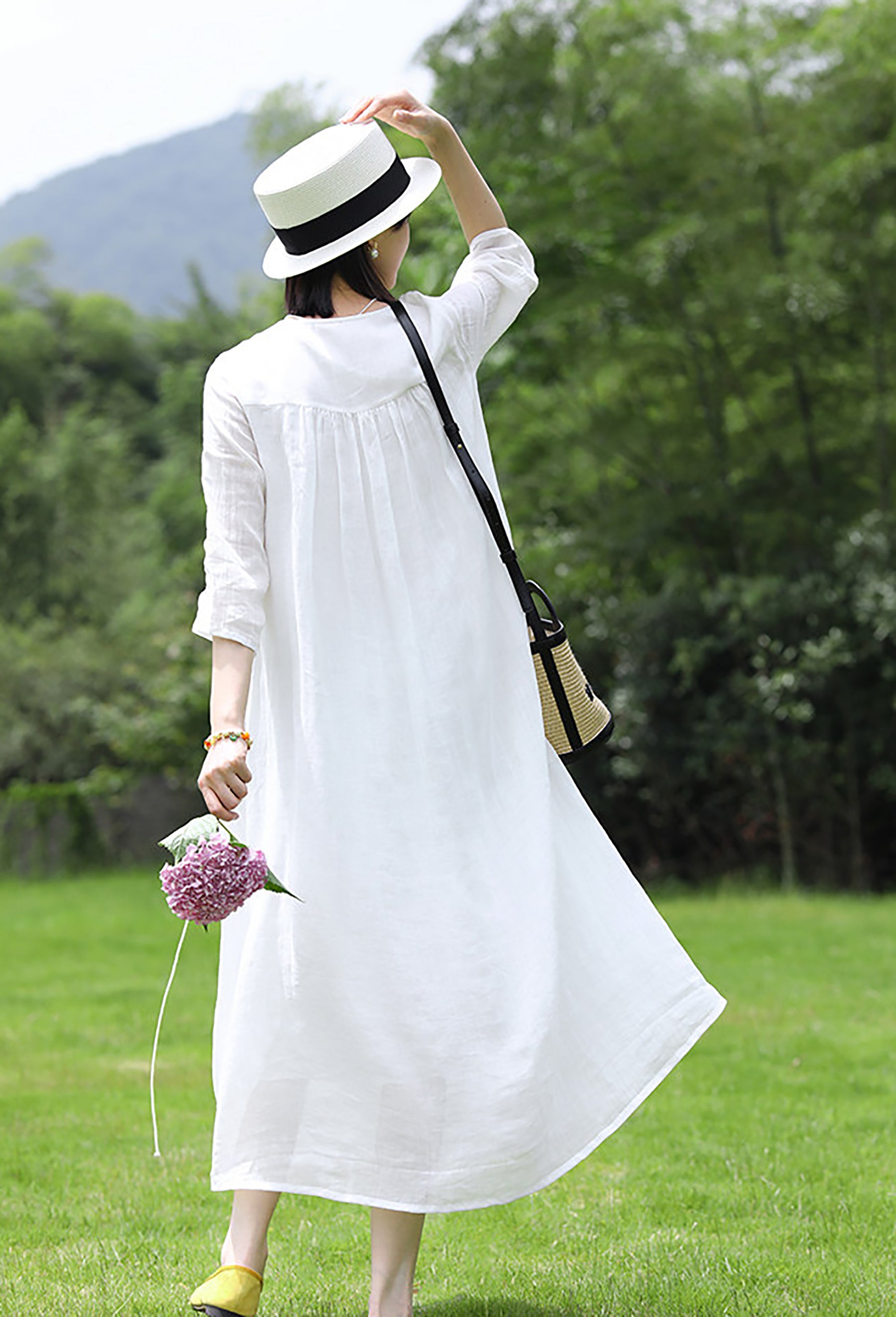 edoa High Counted Ramie Gathered Midi Dress 