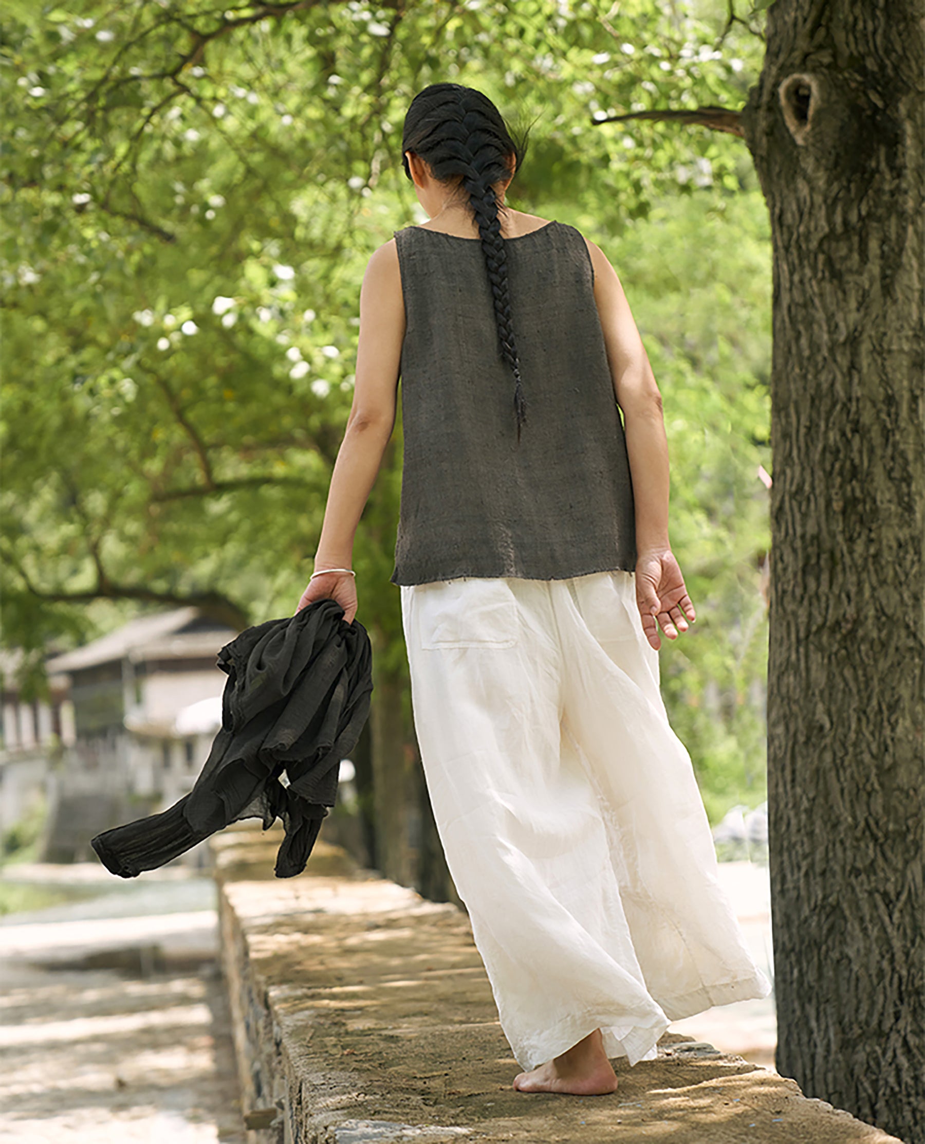 edoa White Linen Wide-leg Pants