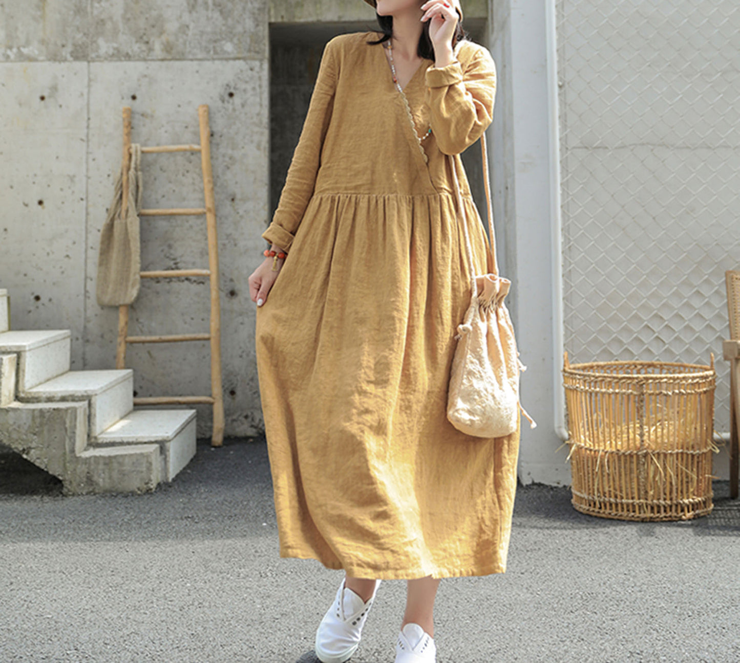 edoa V Neckline Linen Maxi Dress 