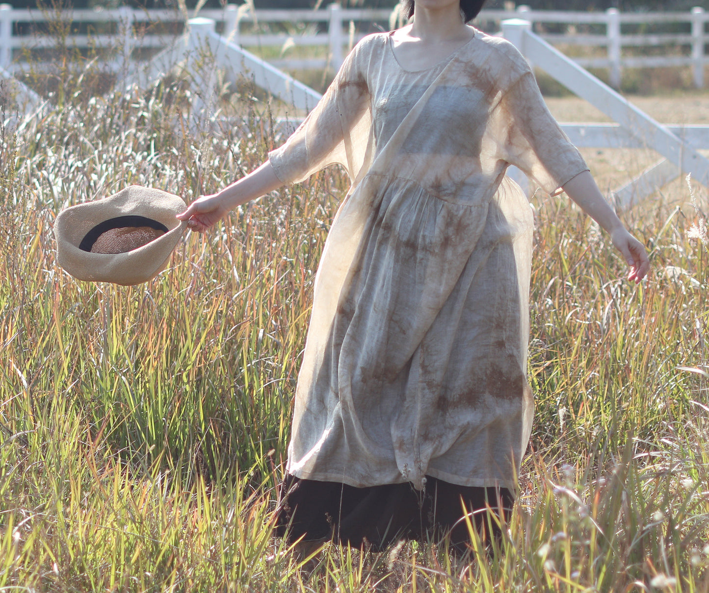 edoa Low Gathered Waist Oversized Linen Rayon Blend Dress