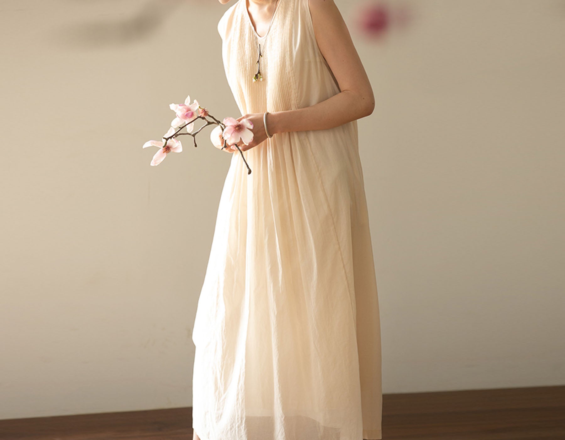 edoa High Count Cotton Pintucked Sleeveless Dress