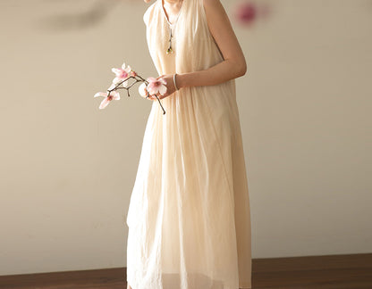 edoa High Count Cotton Pintucked Sleeveless Dress