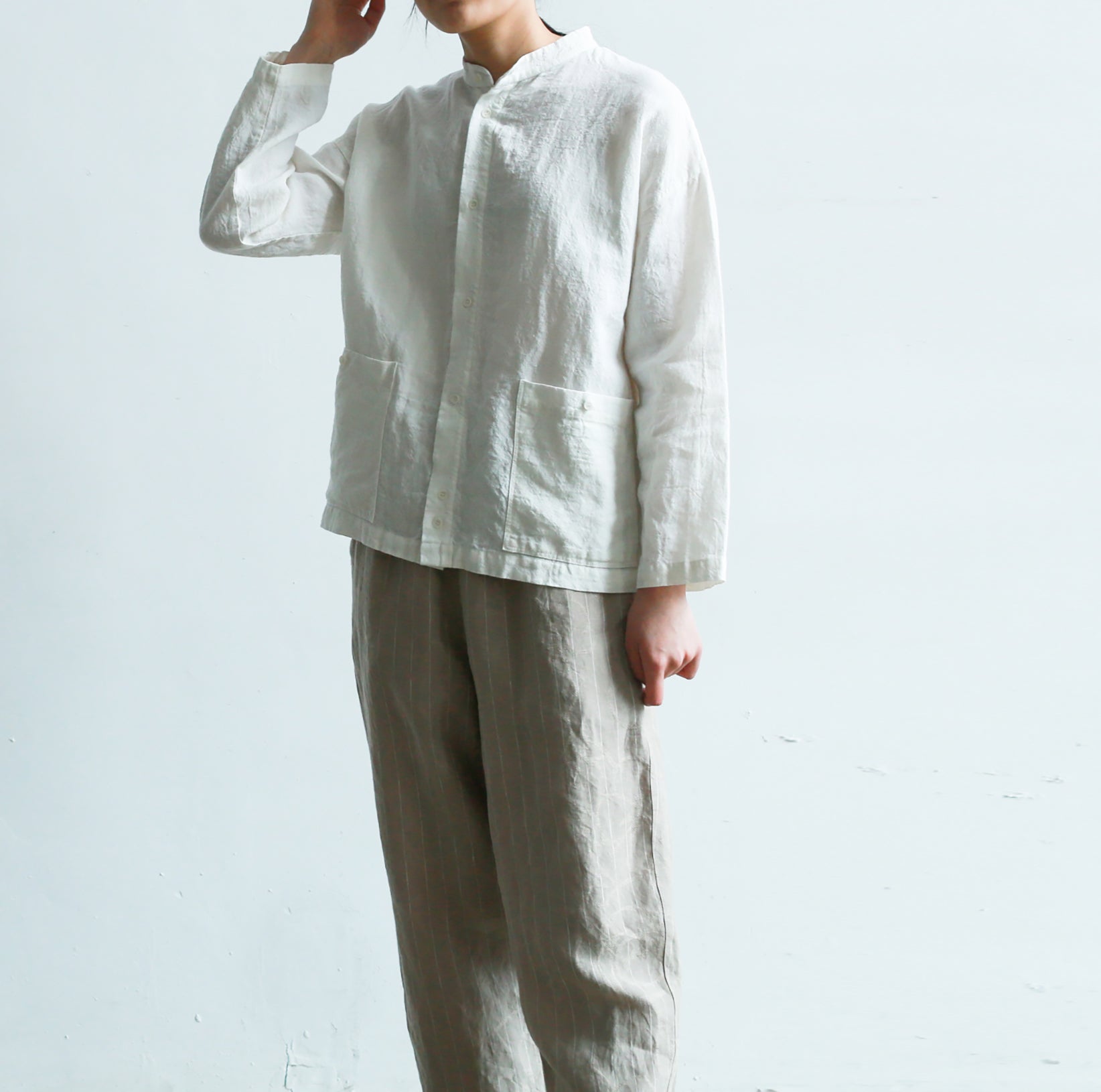 edoa Stand Collar White Loose Linen Shirt