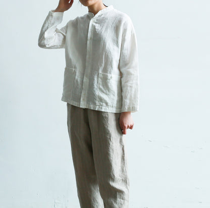 edoa Stand Collar White Loose Linen Shirt