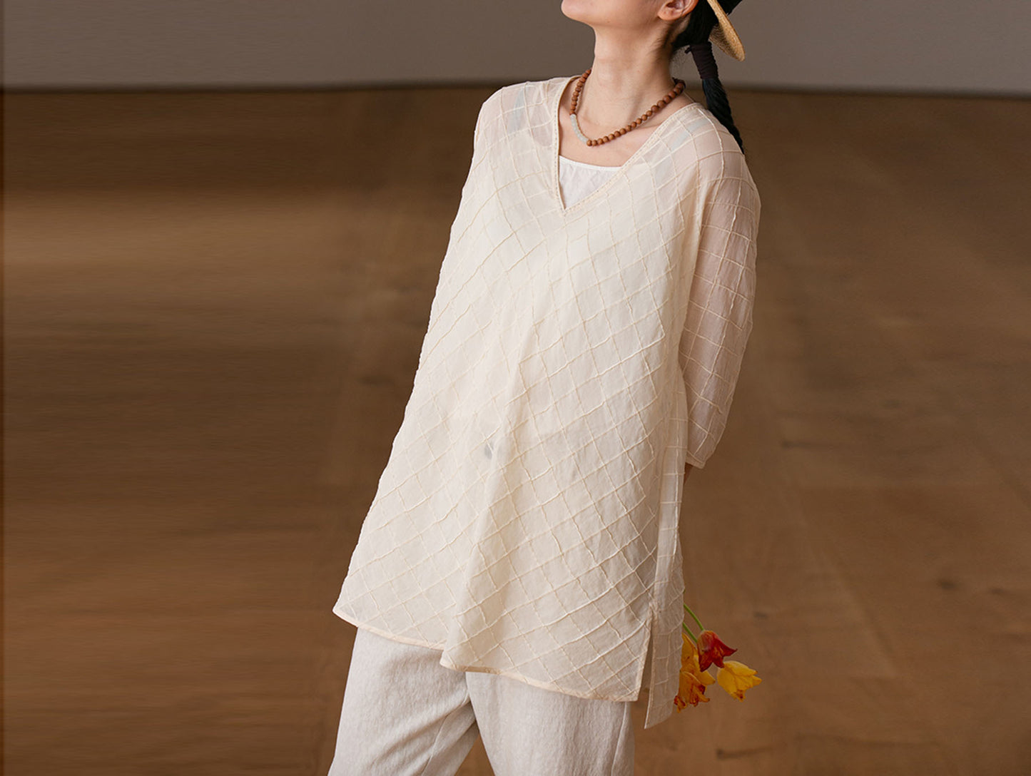 edoa High Counted Cotton Pintucked V-neck Blouse 