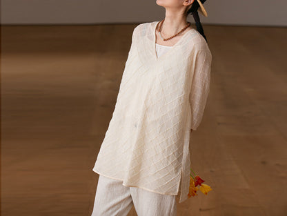 edoa High Counted Cotton Pintucked V-neck Blouse 