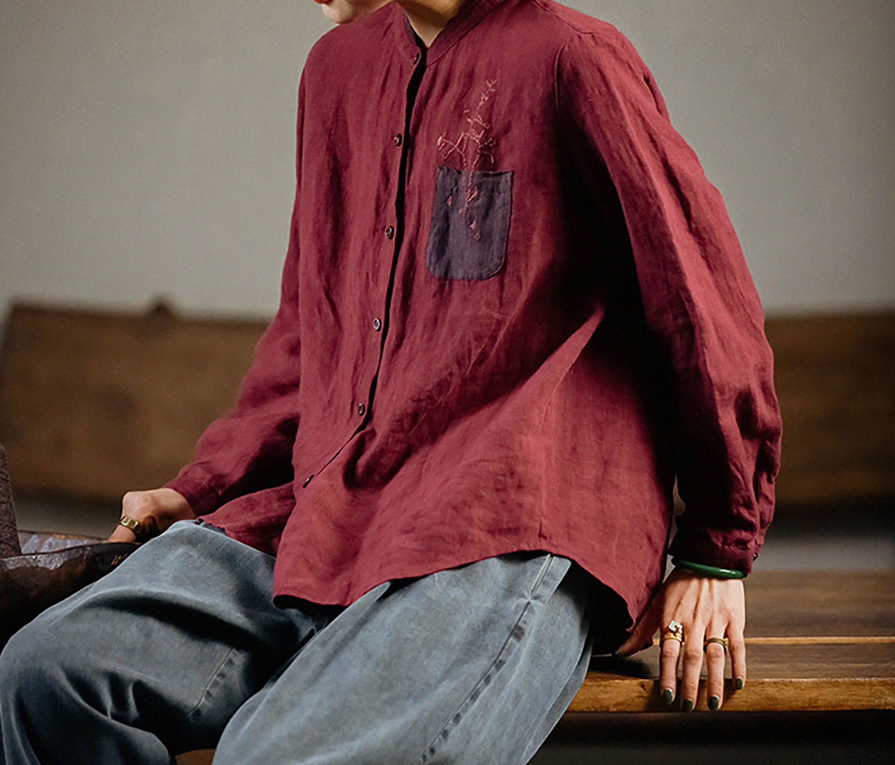 edoa Stand Collar Blouse with Hand Embroidery