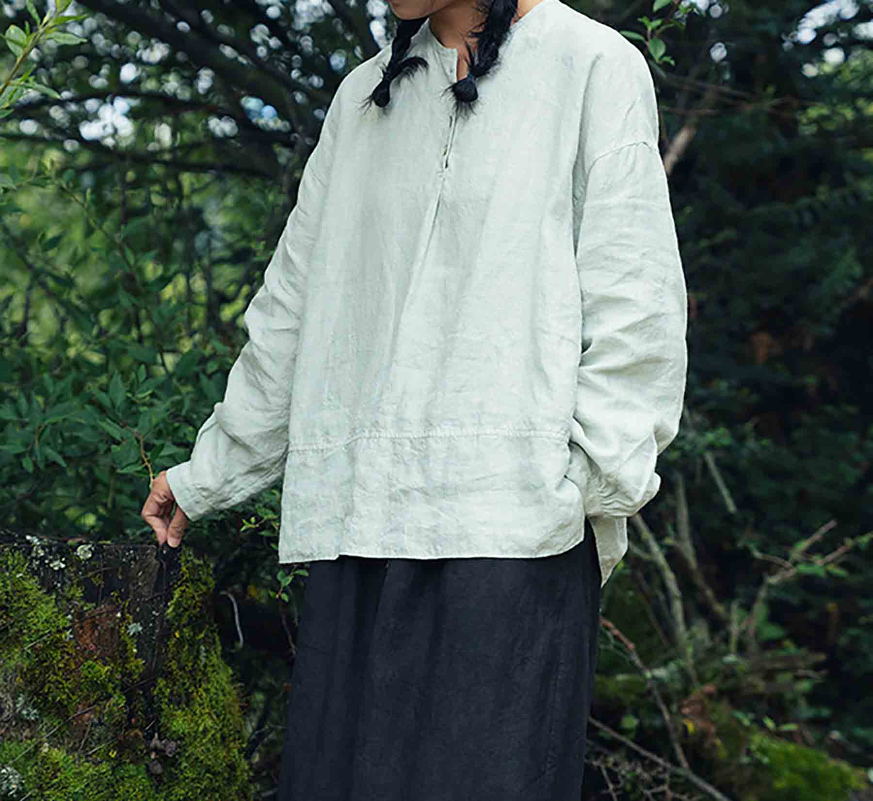 edoa Mint Green Linen Long Sleeve Artist Pullover Shirt