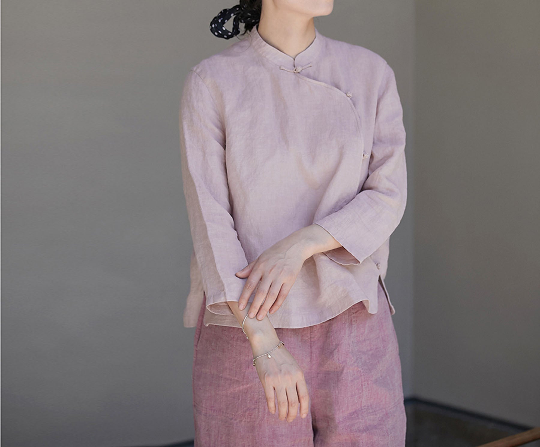 edoa Purplish Pink Linen Qipao Top