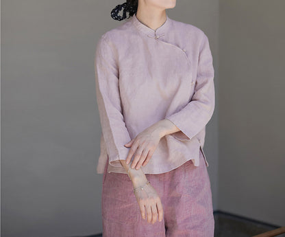 edoa Purplish Pink Linen Qipao Top