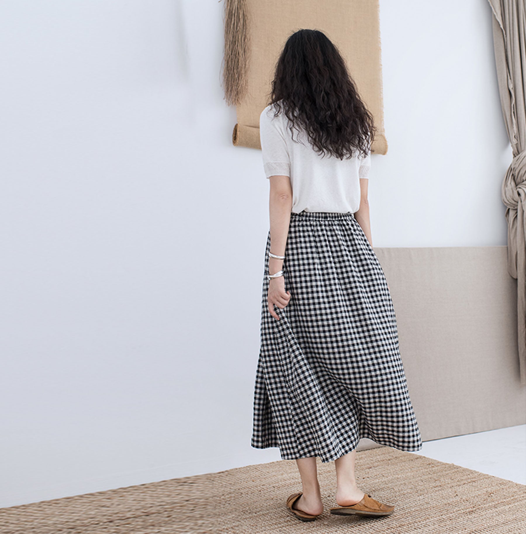 edoa Yarn Dyed Linen Gingham Skirt