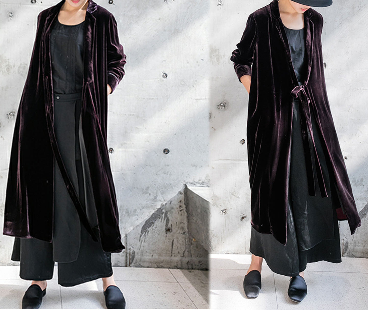 edoa Silk Velvet Modified Trench Coat 