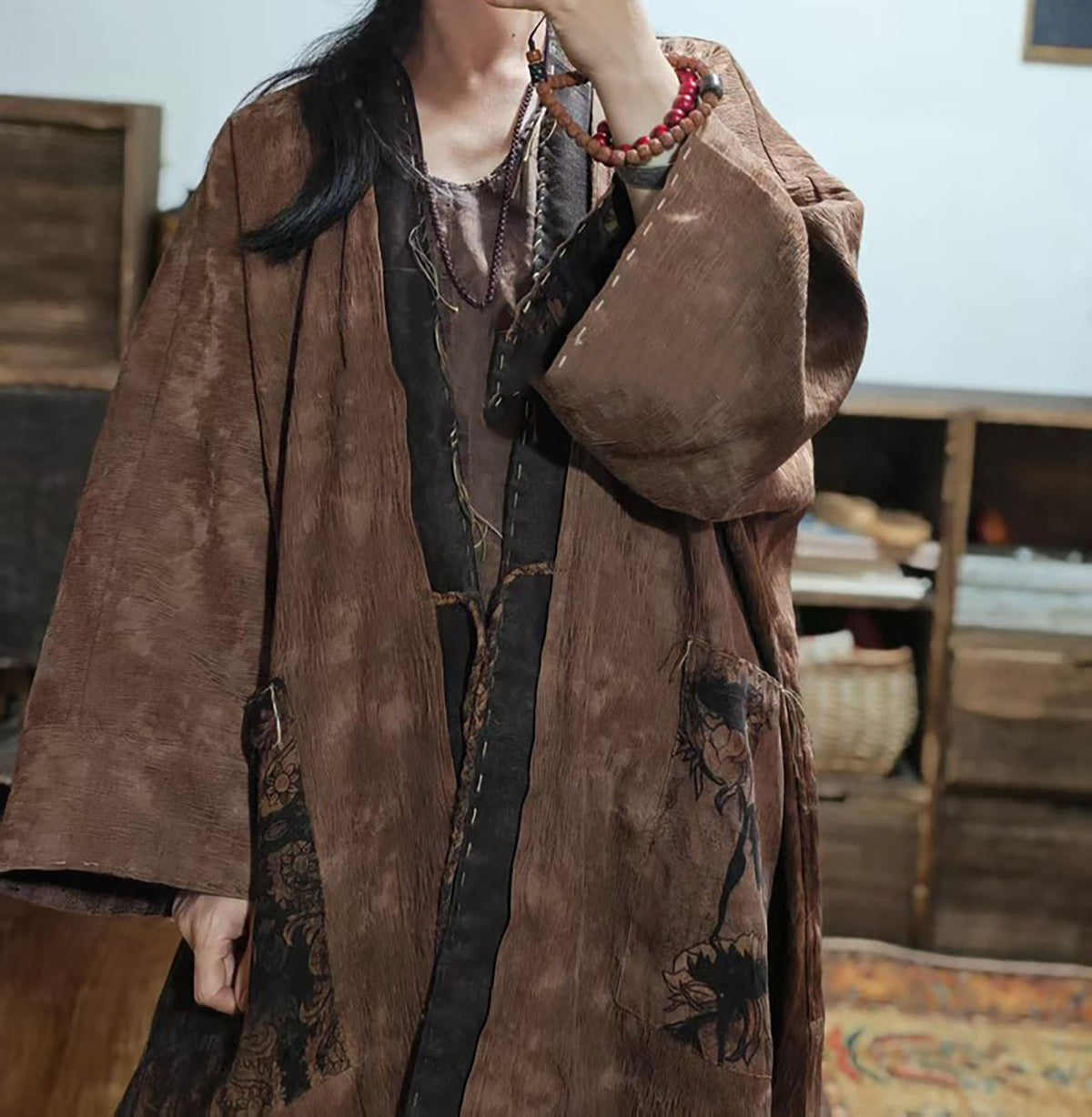 Reversible Mud Silk Linen Blend Jacquard Kimono Coat co0244 X336