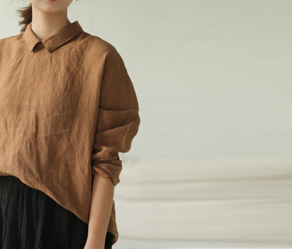 edoa Washed Linen Long Sleeve Blouse