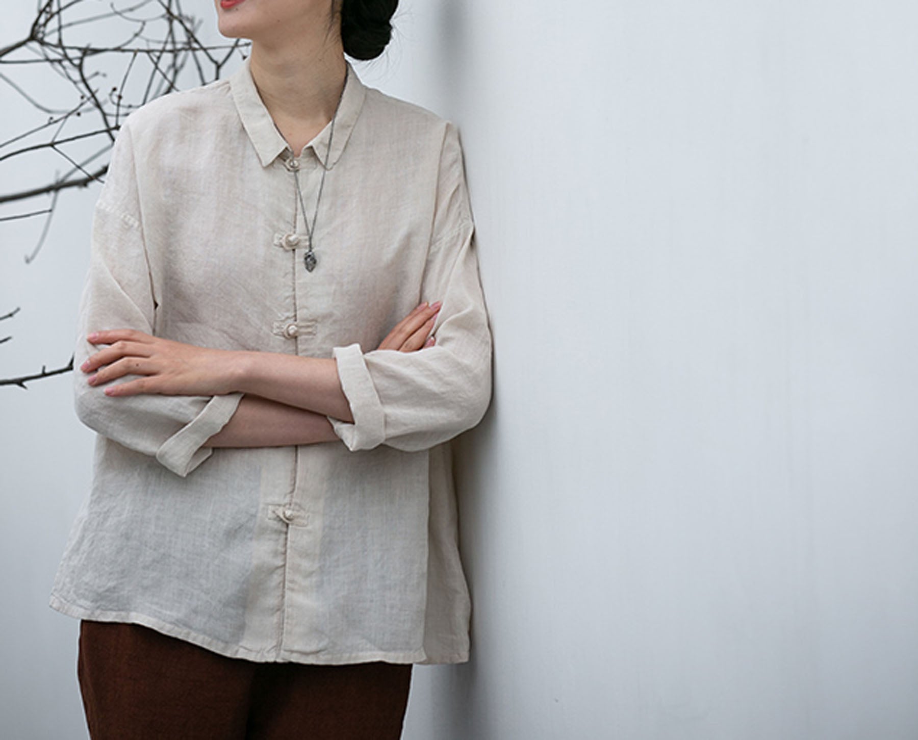 edoa Washed Linen Modified Cheongsam Blouse