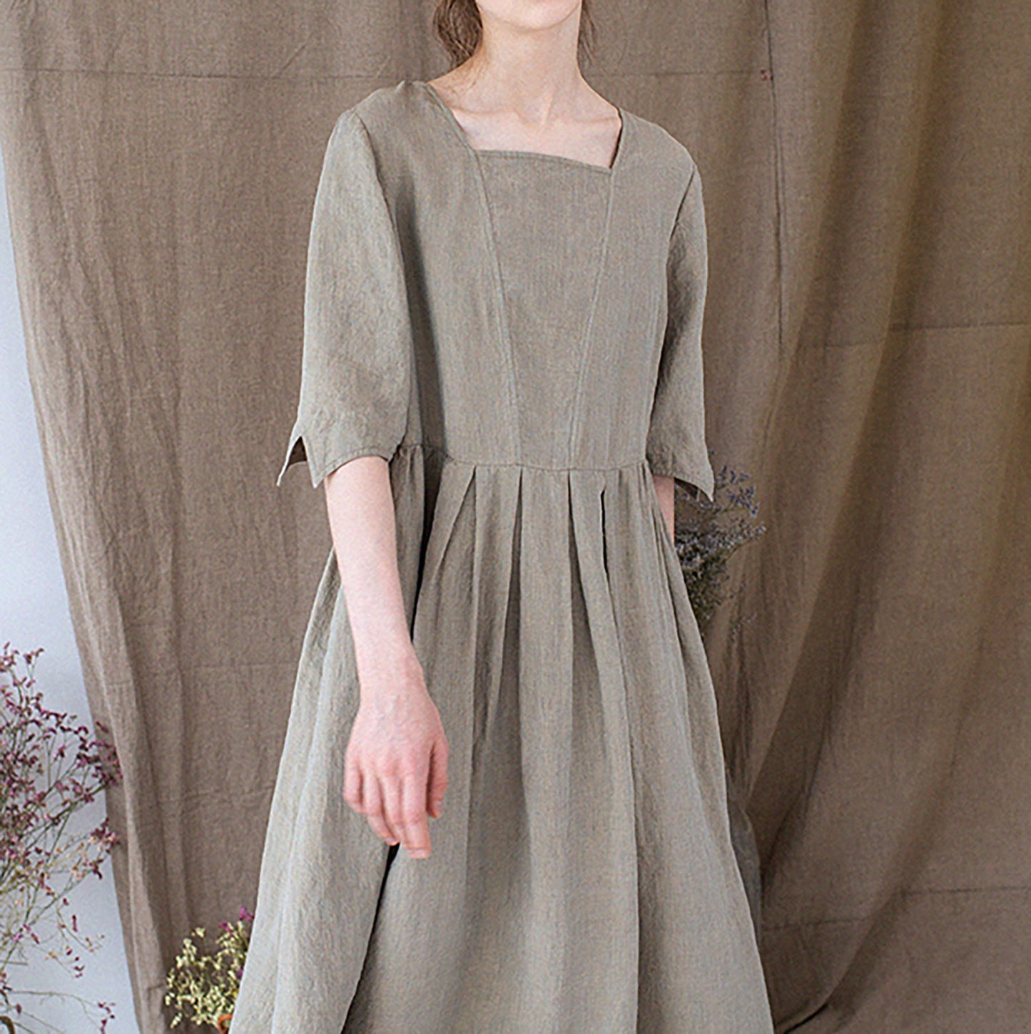 edoa Yarn dyed French Linen Square Neck Half Sleeve Dress
