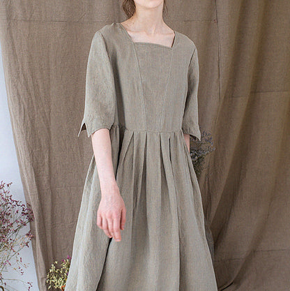 edoa Yarn dyed French Linen Square Neck Half Sleeve Dress