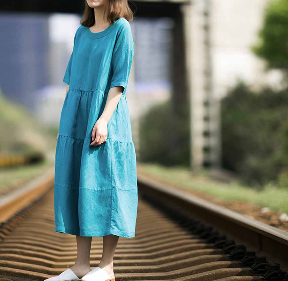 edoa Blue Summer Linen Dress