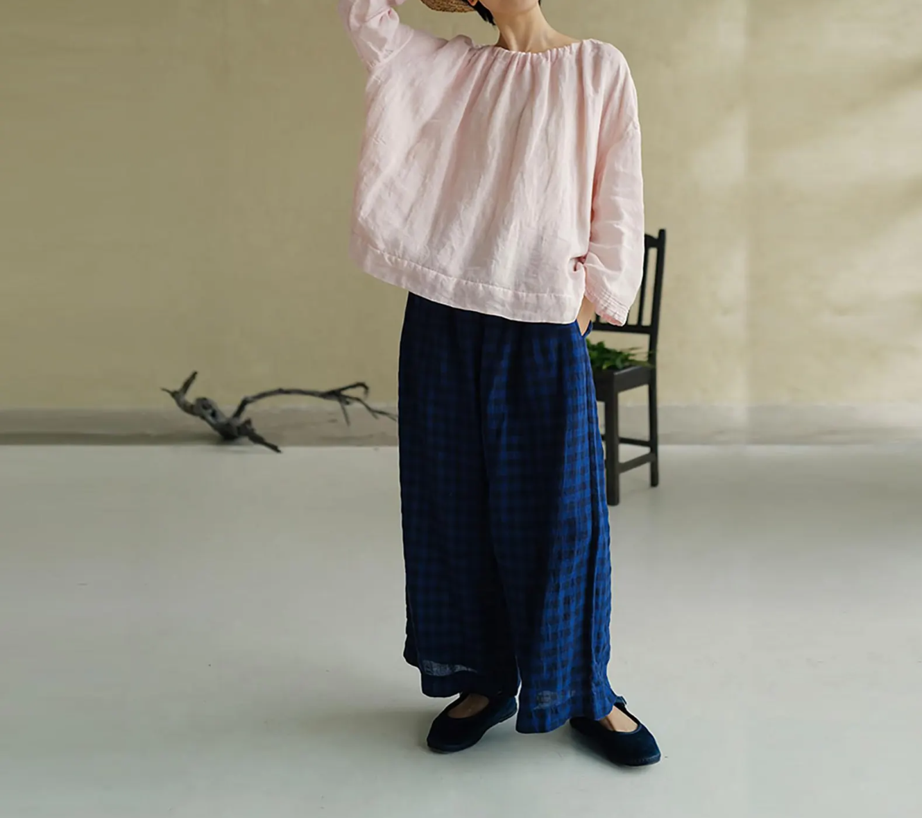 edoa Pink High Counted Linen Gather Blouse