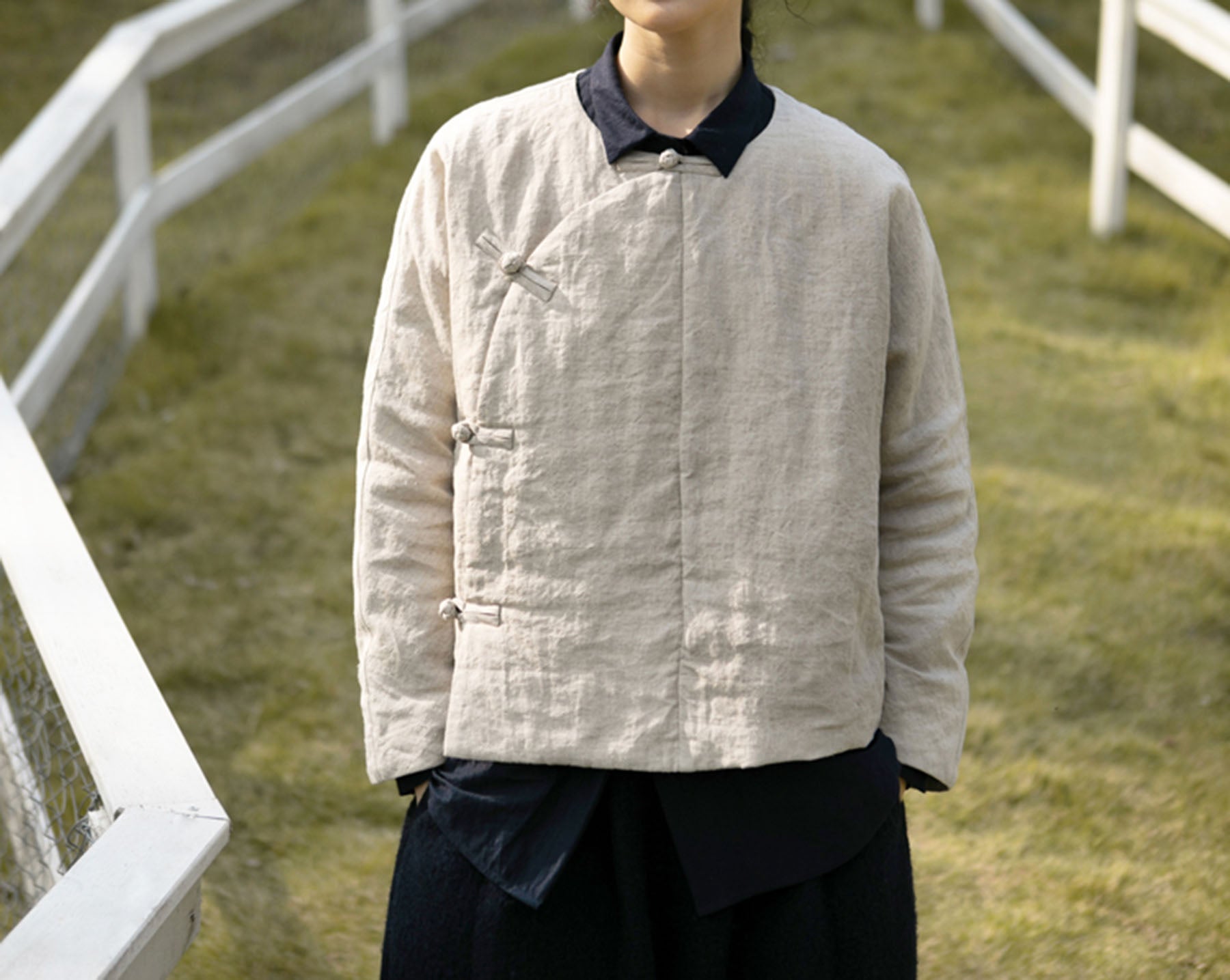 edoa Collarless Flax Linen Goose Down Chinese Jacket 