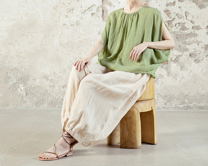 edoa High Counted Ramie Gathering Greek Blouse