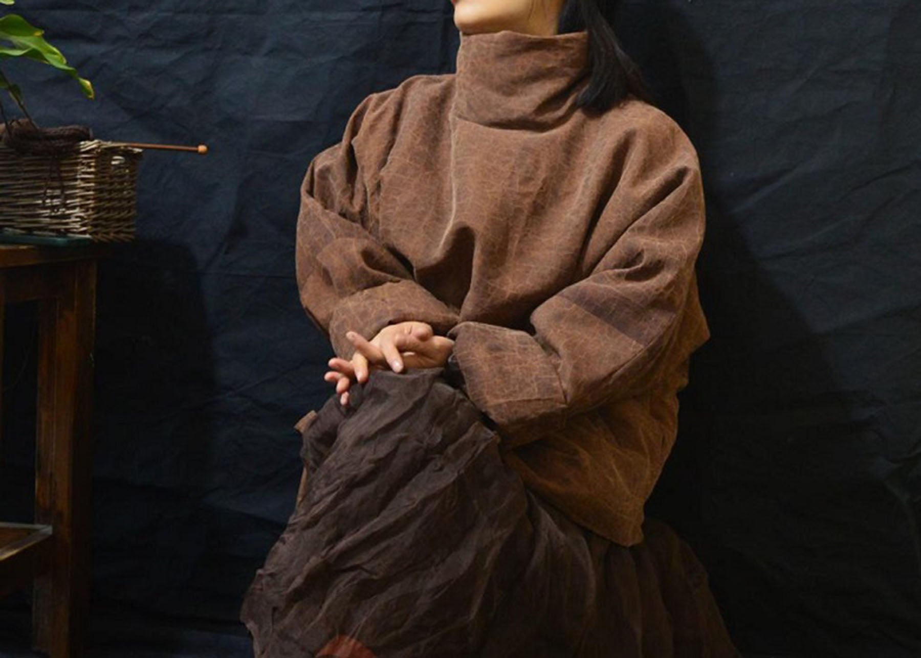 edoa Cracked Mud Silk Goose Down Turtleneck Coat 