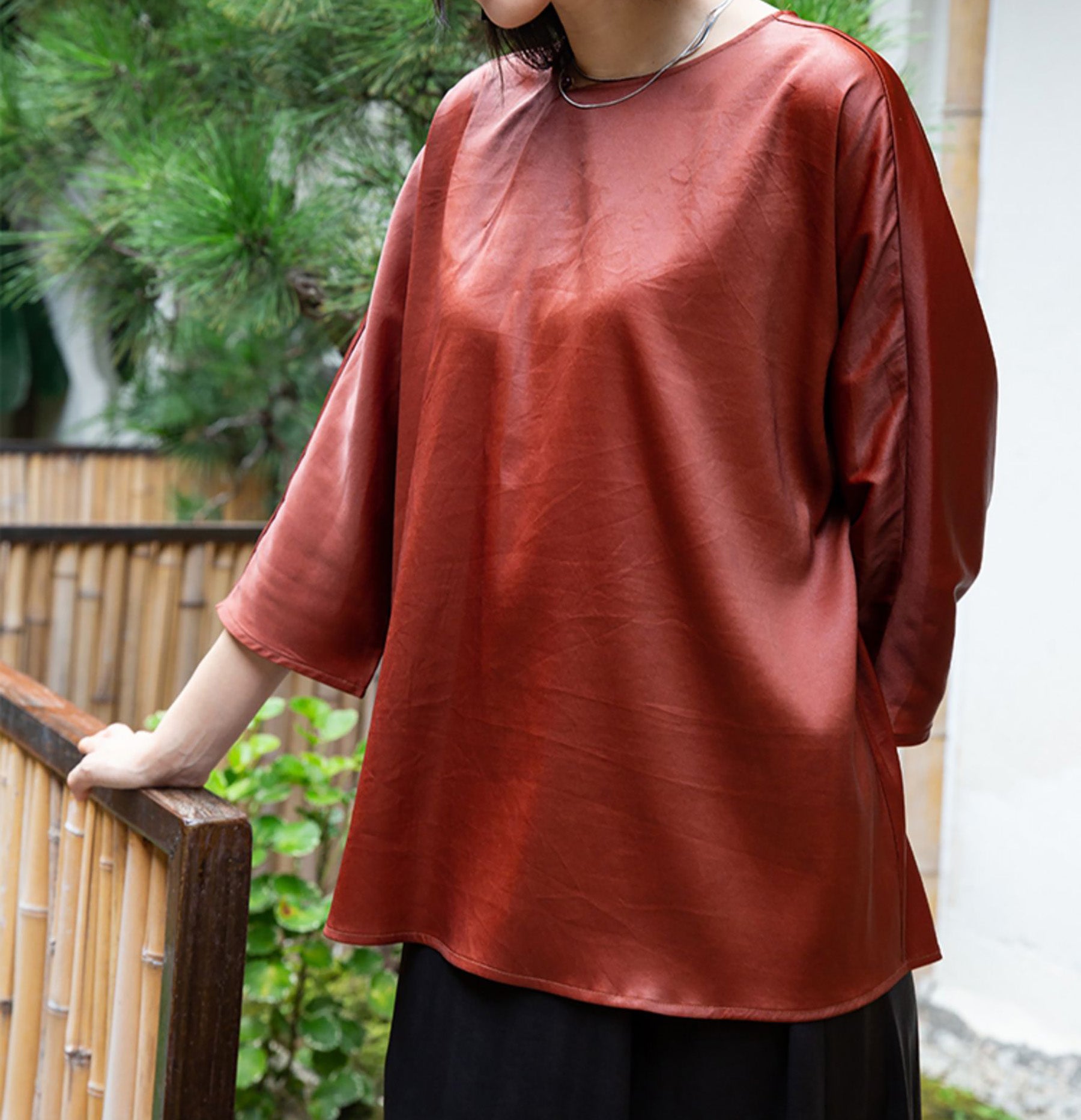 edoa Rust Mud Silk Satin Blouse 