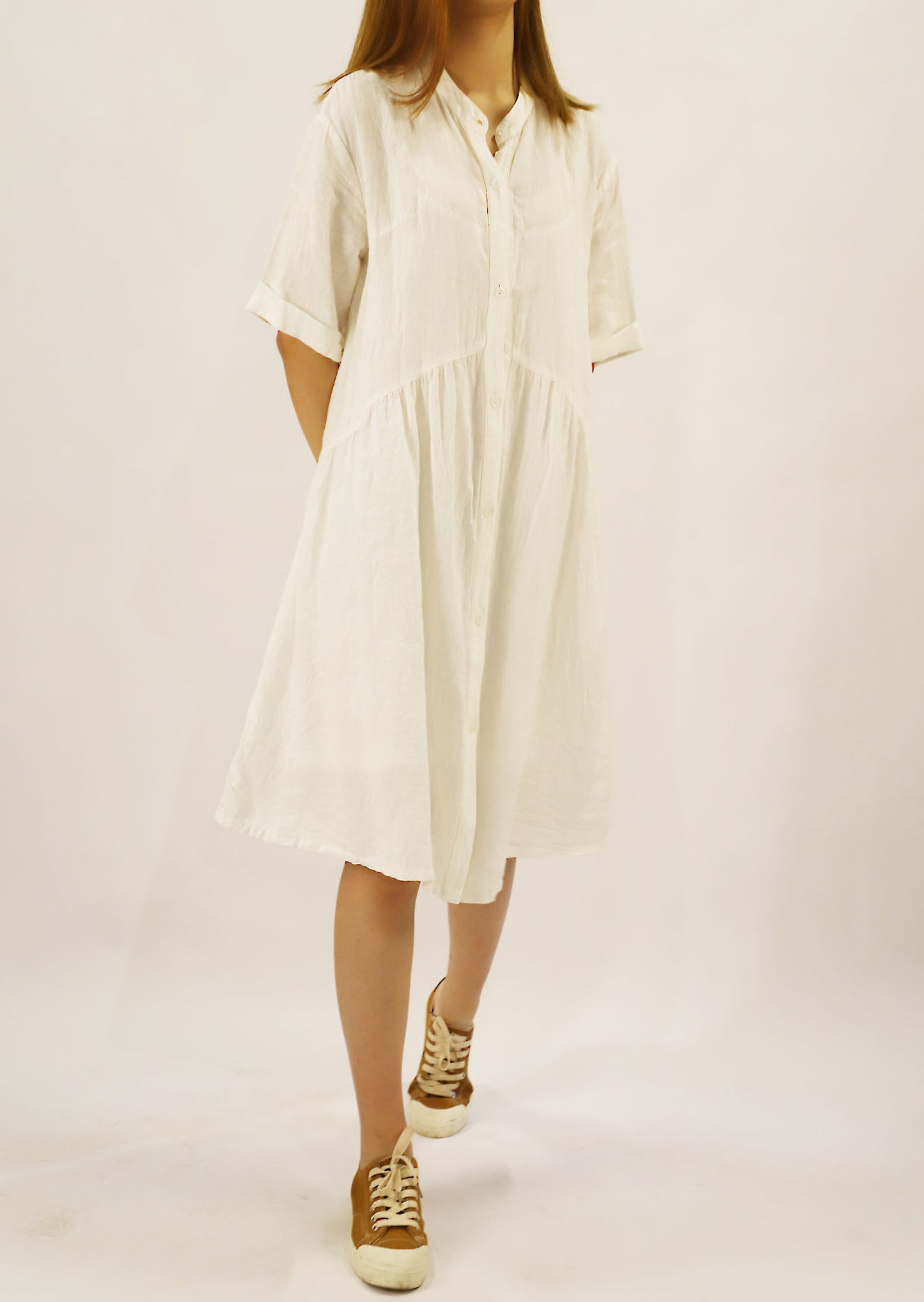 edoa Stand Collar Washed Linen Shirt Dress