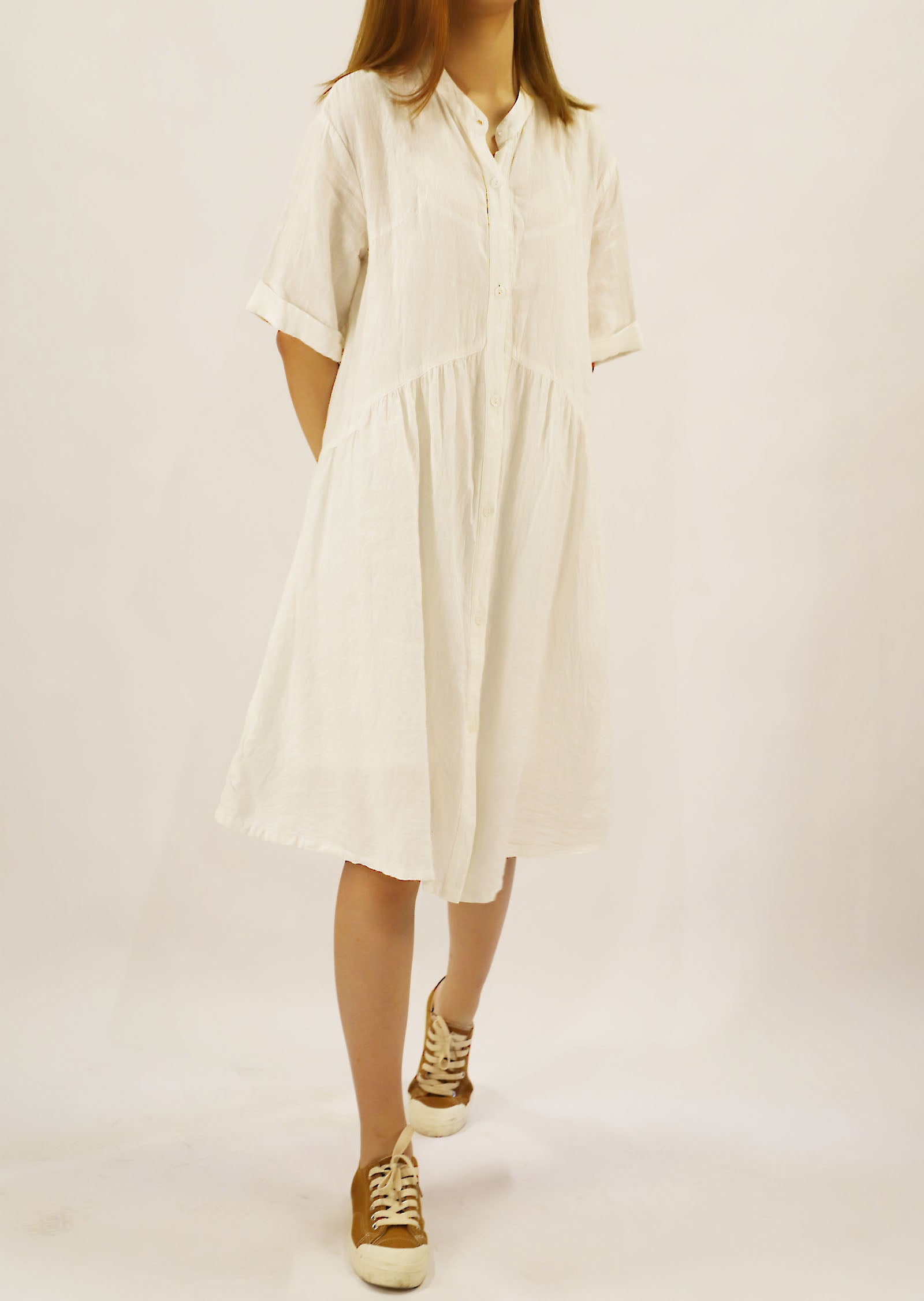 edoa Stand Collar Washed Linen Shirt Dress