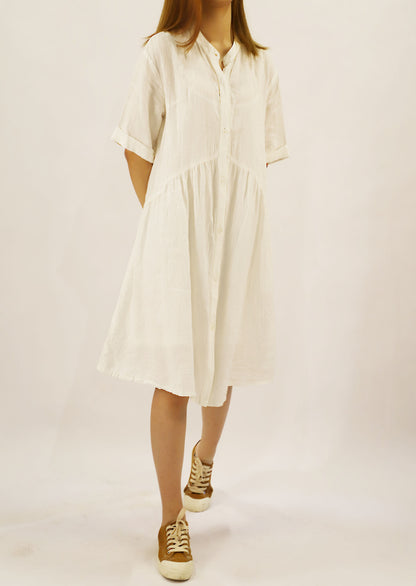 edoa Stand Collar Washed Linen Shirt Dress