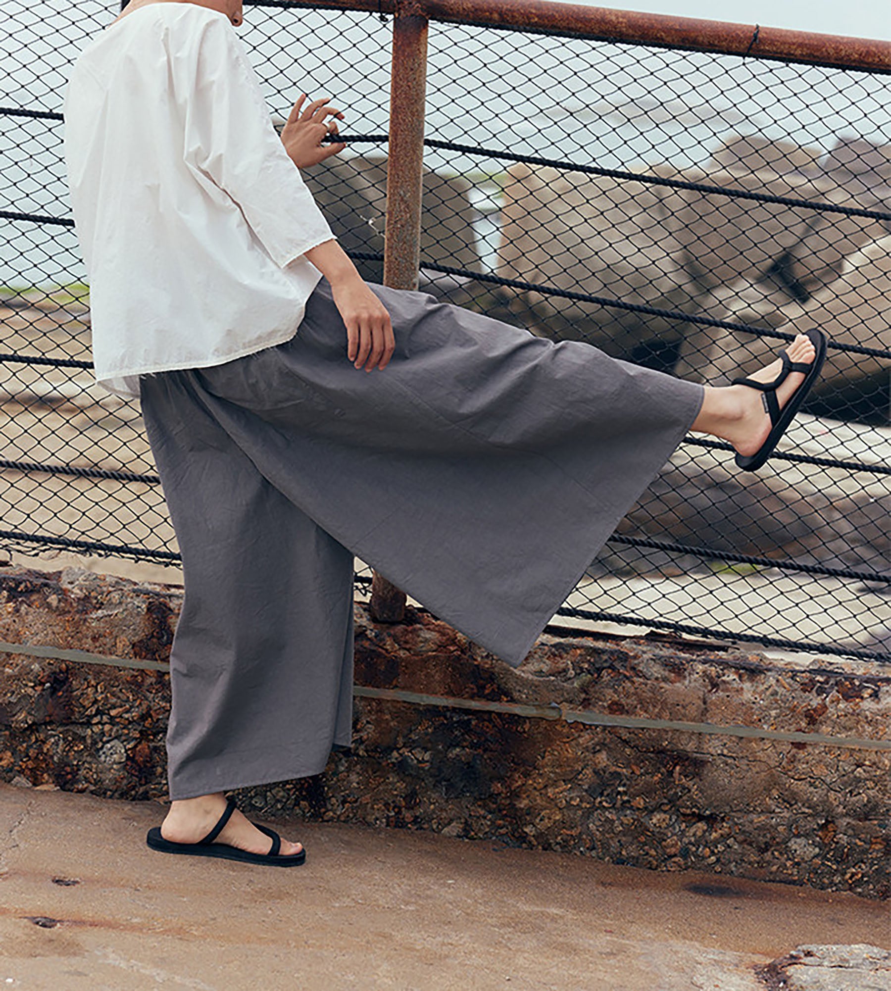 edoa Gray Loose Fitting High Densit Japanese Sun-dried Cotton Wide Leg Pants