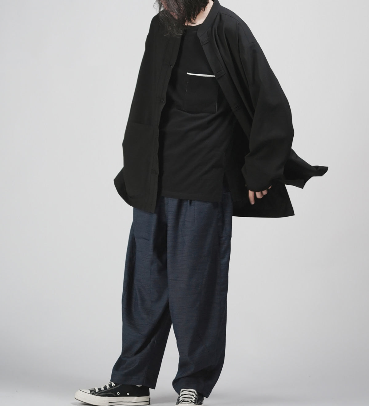 edoa Casual Loose fit Chinese Style Stand Collar Thin Woolen Kung Fu Over Shirt