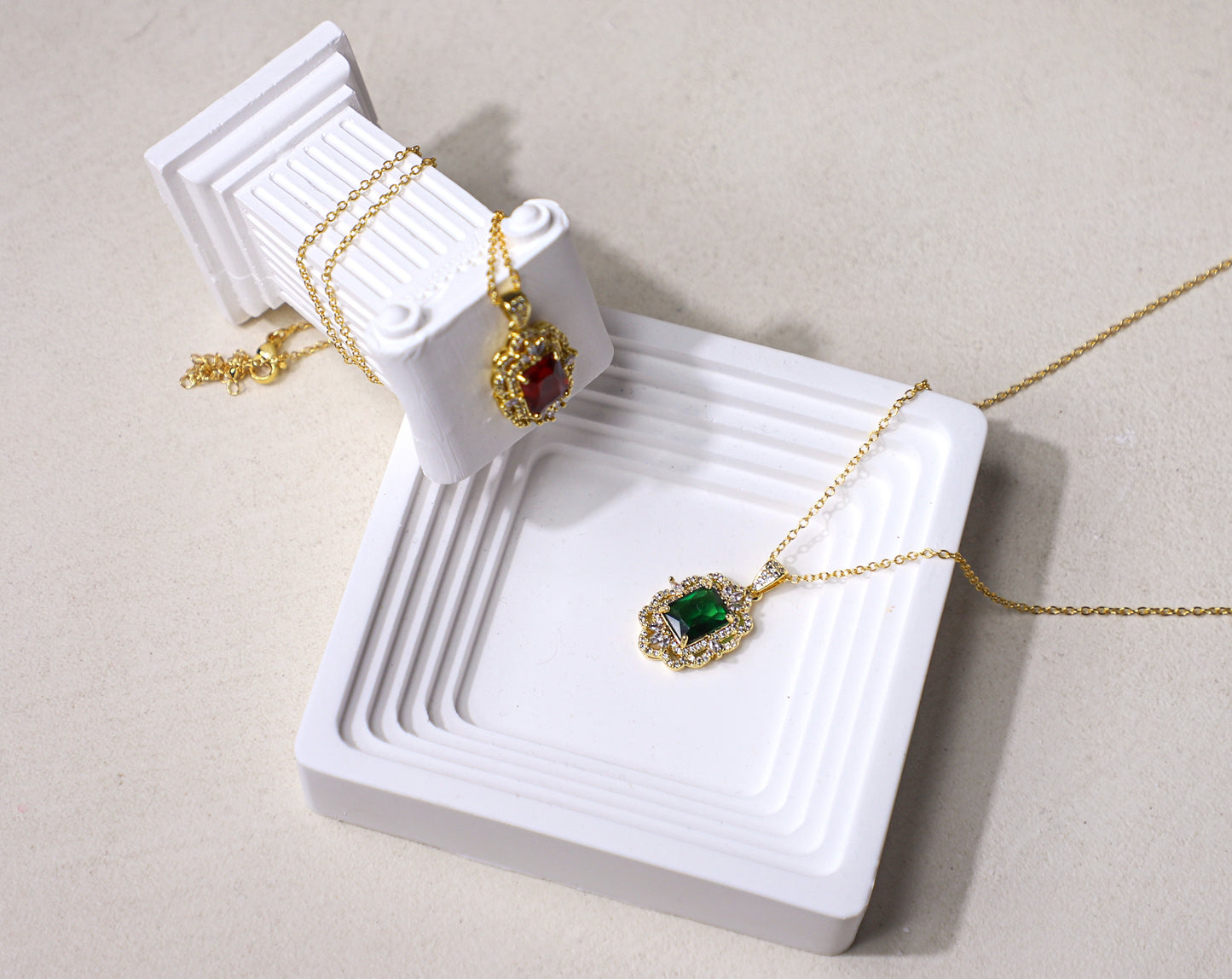 edoa Vintage Victorian Rectangle Halo Gemstone Necklace 