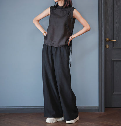 edoa Summer Elegant Retro Mud Silk Sleeveless Chinese Style Top