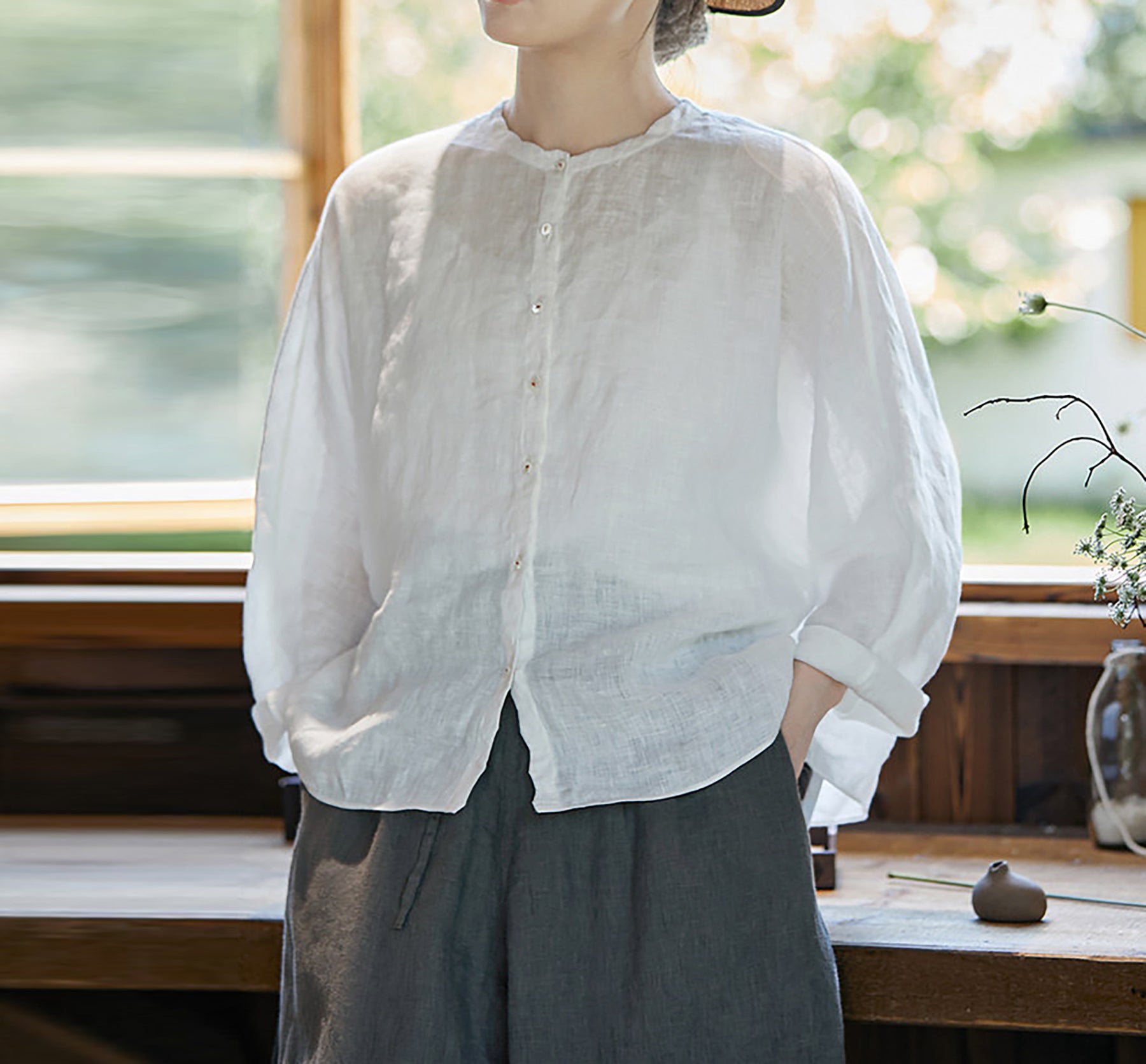 edoa Free Size Loose White Linen Petal Blouse 