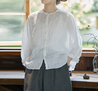 edoa Free Size Loose White Linen Petal Blouse 