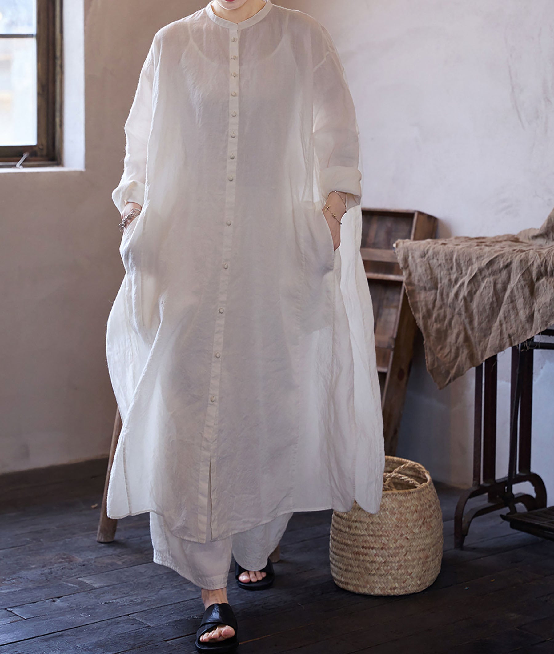 edoa Oversized White Washed Ramie Lightweight Chinese Button Down Shirt Dress