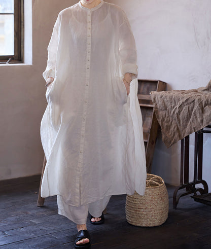 edoa Oversized White Washed Ramie Lightweight Chinese Button Down Shirt Dress
